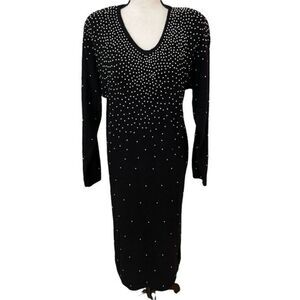 Vintage Nilani knitted black silk/angora faux pearls long dress shoulder pads M